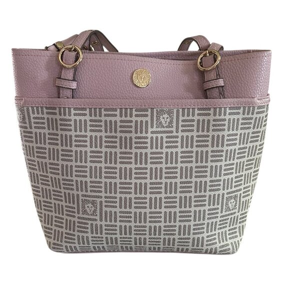 Anne Klein Pink & Grey Tote Bag - Gold Hardware - Geometric Print Purse Satchel - Picture 1 of 9